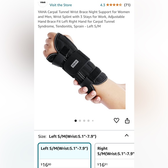 YAHA Carpal Tunnel Wrist Brace Support for Women & Men Adjustable Left S/M - Picture 7 of 10